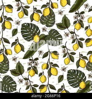 Yellow lemon fruit tropical vector seamless pattern. Nature jungle organic plant art. Bright summer colourful artwork. Stock Vector