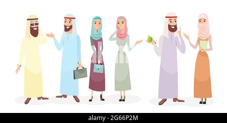 Vector illustration set of arabic business people characters in different poses. Arab businessman and businesswoman wearing traditional clothing and Stock Vector