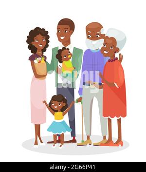 Vector illustration of big happy family portrait. African American grandparents, parents and children together isolated on white background. Smiling Stock Vector