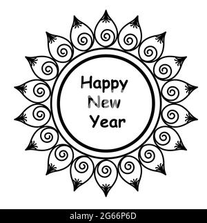 Happy New year with Spirals and Flower petals - Rangoli, Alpona or Paisley Vector line art Stock Vector