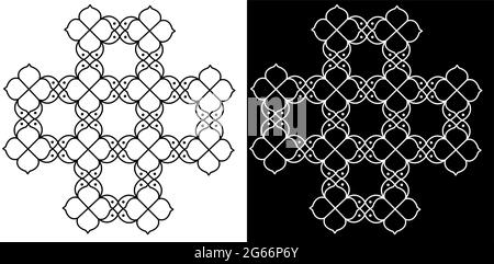 Indian Traditional and Cultural Rangoli or Kolam design concept of curved lines and dots isolated on black and white background Stock Vector