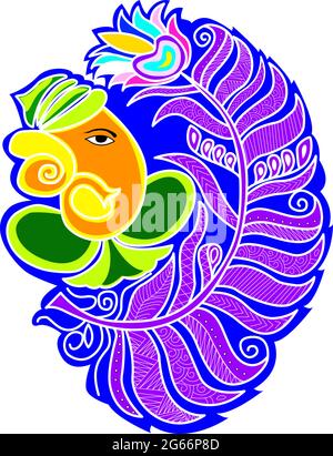 Lord Ganesh With Peacock Feather - Colorful Rangoli, Alpona or Paisley Vector Line art Stock Vector