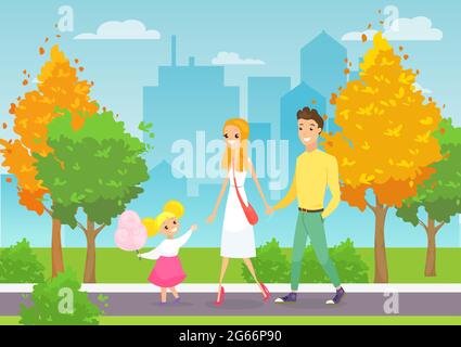 Vector illustration of young family walking with kid in the city park. Happy and smiling parents with daughter cartoon characters in the park with Stock Vector