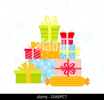 Vecor illustration of big pile of colorful and bright wrapped gift boxes decorated with ribbon, textures, bows and ornaments. Presents in flat cartoon Stock Vector