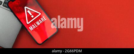 Banner malware software on the screen of smartphone, copy space Stock Photo
