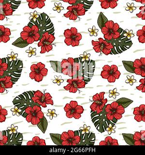 Red hibiscus flower tropical summer seamless pattern. Nature floral vector illustration. Jungle exotic background. Stock Vector