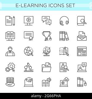 Vector illustration set of E-learning line icons, online education elements in thin line elegant style. minimal web icon collection isolated on white Stock Vector