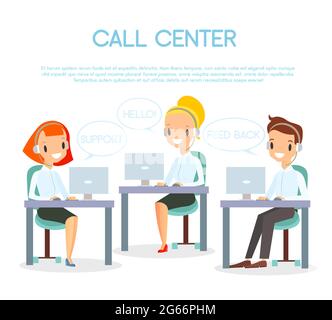 Vector illustration of call center operators. Customer service and online support concept. Call center representative at computer in headset. Happy Stock Vector