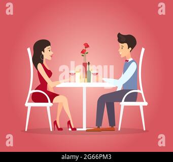 Vector illustration with romantic dinner of couple. Dating concept. Valentines day celebration of beautiful woman and handsome young man in flat Stock Vector