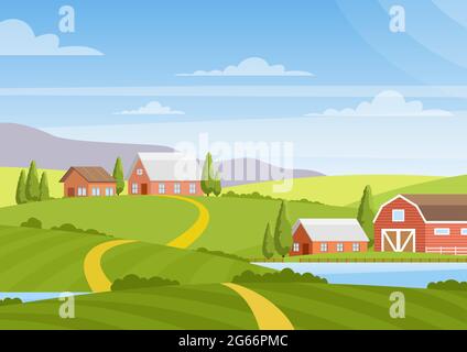Vector illustration of beautiful countryside landscape with fields, dawn, green hills, farm, houses, trees, bright color blue sky, background in flat Stock Vector