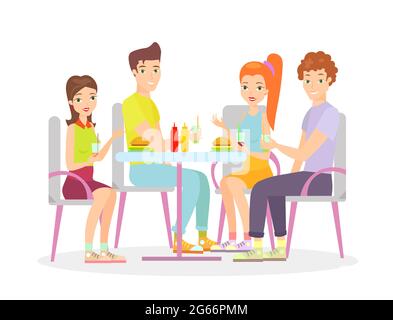 Vector illustration of happy friends are sitting at a table and have meal together. Happy young women and men friends talking and smiling in flat Stock Vector