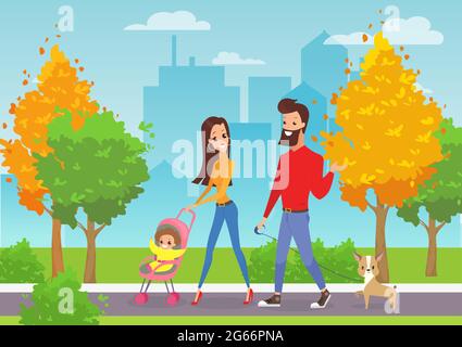 Vector illustration of happy young family with toddler walking in city park outdoor with modern cityscape background in cartoon flat style. Stock Vector