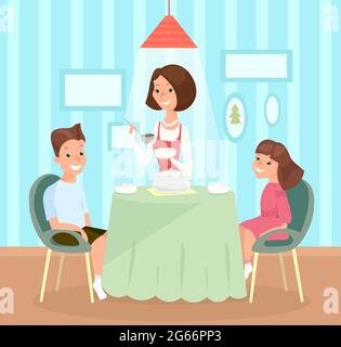 Vector illustration of family meal. Mother pours soup in children s dishes, son and daughter together sit at the table and have lunch. Happy girl and Stock Vector