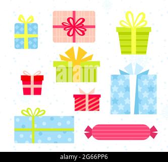 Vector illustration set of bright and colorful gift boxes. Present boxes in flat cartoon style for Christmas and Birthday greeting cards isolated on Stock Vector