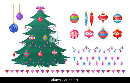 Vector illustration of Christmas tree with different decorations, greetings concept, decorete your christmas tree by colorful baubles, gift boxes Stock Vector