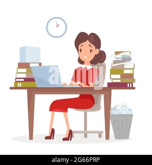 Vector illustration of tired and sed business woman or an accountant in a suit, working on a laptop computer at her office desk with lot of papers and Stock Vector
