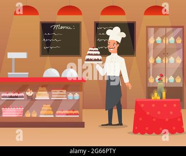 Vector Illustration an interior of bakery with man baker Chef character holding the cake. Male in uniform, chef in white hat in cafe, restaurant Stock Vector
