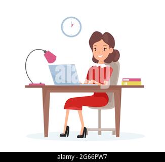 Vector illustration concept of business woman. Happy woman is working on the laptop computer at the desk in cartoon flat style. Stock Vector