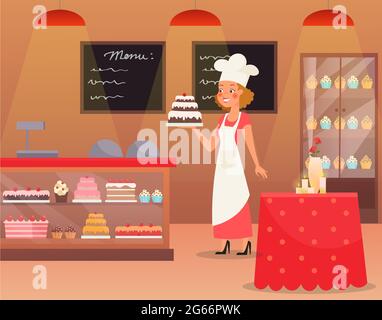 Vector illustration of young and pretty woman baker character holds cake in bakery cafe interior with lot of sweets and cookies. Female in uniform and Stock Vector