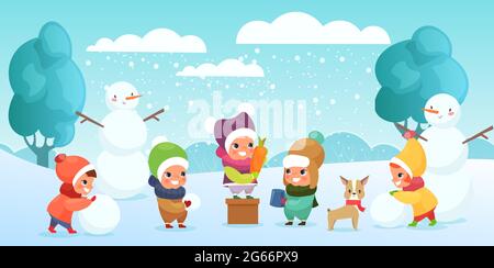 Vector illustration of happy children playing in snow, making snowman and playing with dog. Kids building snowman together during snowfall, making a Stock Vector