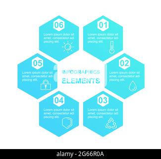 Vector illustration of chart template with blue gradient isolated on white background. Infographic diagram with ecological icons in six options. Stock Vector