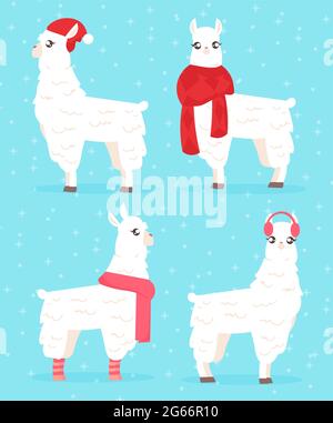 Vector illustration of winter style llama. Alpaca in winter clothes set in blue background. Christmas card concept with llama in hat and scarf Stock Vector