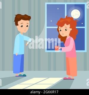Vector illustration of insomnia concept. Woman with cup of water and man characters with insomnia or nightmare standing in night at home background Stock Vector