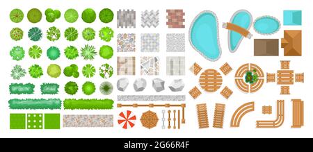 Vector illustration set of park elements for landscape design. Top view of trees, outdoor furniture, plants and architectural elements, fences, sun Stock Vector