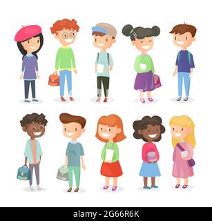 Vector illustration of pupils isolated on white background. Cute and happy girls and boys, schoolchildrens set in cartoon flat style. Stock Vector