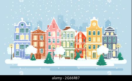Vector illustration of urban winter landscape. Snowy street as greeting card background. Christmas card concept, Happy Holidays banner with colorful
