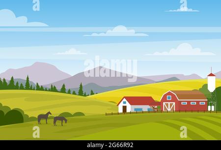 Vector illustration of rural landscape with farm. Horses in summer fields and pastures. Country landscape with mountains background. Stock Vector