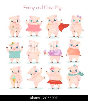 Vector illustration set of funny and cute little cartoon pigs characters posing in different poses and situations on white background. Lovely cartoon Stock Vector