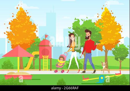 Vector illustration of young family with toddler and baby walking in park with playground outdoor with modern cityscape background in cartoon flat Stock Vector