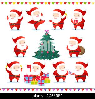 Vector illustration set of cute and funny Santas in different poses. Collection of Santa Claus and Christmas tree with decorations. Happy New Year Stock Vector