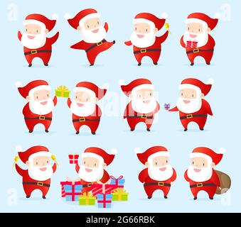 Vector illustration collection of Christmas Santa Claus in different posing on light blue background. Funny cartoon Santas characters. New Year s Stock Vector