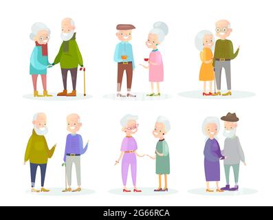 Vector illustration set of cute and nice old people couples in different situations and poses on white background. Old man and woman speaking and Stock Vector