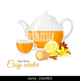 Vector illustration of ginger and lemon cup of tea. Lemon, ginger, vanilla, cup and pot isolated on white background in flat style. Cosy evening Stock Vector