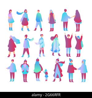 Vector illustration set of people in different poses, walking with kid, standing, meeting each other. Male and female flat cartoon characters in Stock Vector