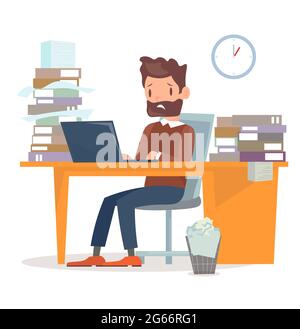 Vector illustration of unhappy tired businessman sitting at the desk with computer and a lot of papers and documents. A lot of work for manager Stock Vector