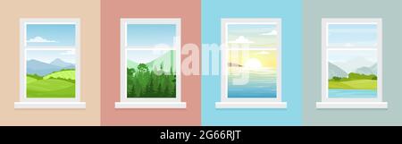 Vector illustration set of windows with different landscapes. Town and sea, forest and mountains views from the windows in flat cartoon style. Stock Vector