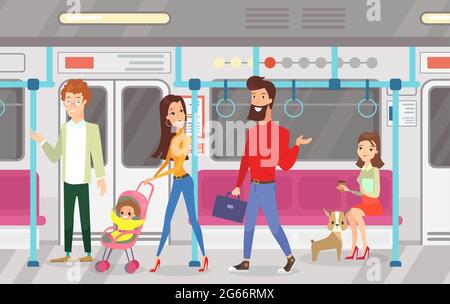 Vector illustration of people in subway underground train. Interior of subway with commuting passengers, sitting and talking women, standing woman and Stock Vector