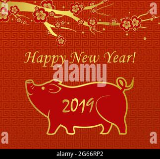 Vector illustration of greeting card chinese new year 2019 gold color line pig zodiac symbol and flowers on red background. Stock Vector