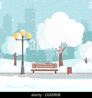 Vector illustration of winter city park with snow and modern city background. Bench in winter city park, winter holidays concept in flat cartoon style Stock Vector