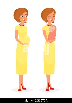 Vector illustration of beautiful happy pregnant woman in dress and woman holding cute baby in flat cartoon style isolated on white background. Stock Vector