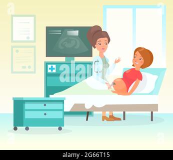 Vector illustration of ultrasound pregnancy screening concept. Lovely female doctor scanning happy and smiley mother with belly, embryo baby Stock Vector