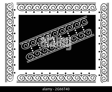 Rectangle border design concept of indian traditonal and cultural Rangoli or peacock floral art isolated on black and white background Stock Vector