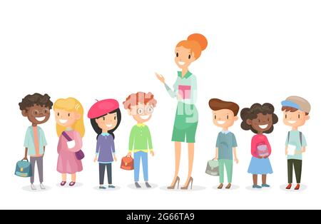 Vector illustration of schoolchildren group with teacher standing together. Boys and girls together with woman teacher on white background in cartoon Stock Vector