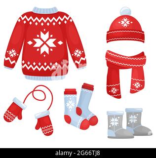 Vector illustration of winter clothes collection. Knitted hat and scarf, socks, hand gloves, sweater in Christmas style isolated on white background Stock Vector