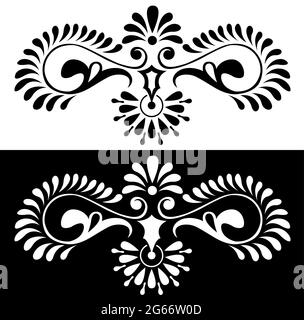 Indian Cultural Beautiful Alpona design concept of floral art isolated on black and white background Stock Vector