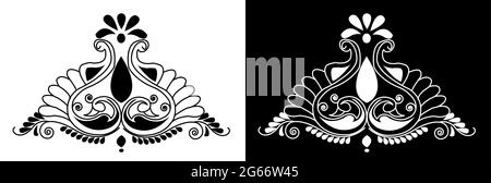 Indian Cultural Beautiful Alpona design concept of floral art isolated on black and white background Stock Vector